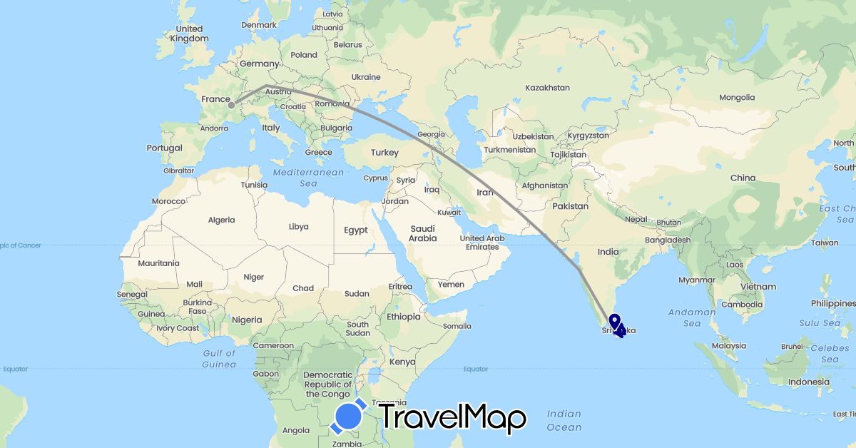 TravelMap itinerary: driving, plane, train in Germany, France, India, Sri Lanka (Asia, Europe)